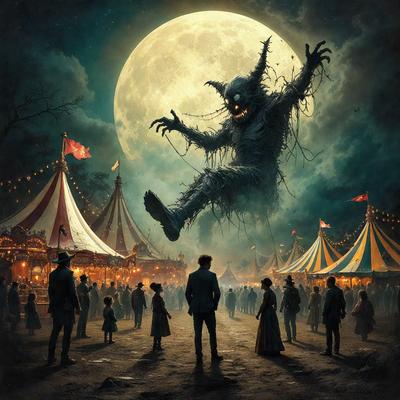 The primary subject of the image is a large, creepy-looking monster or creature, which is the main focus of the scene. The monster is standing on its hind legs, with its feet positioned in the air. The setting is a nighttime carnival or fairground, with a moon visible in the sky. The visual style of the image is a combination of digital art and illustration, creating a dark and eerie atmosphere. The dominant colors in the image are black, white, and shades of gray